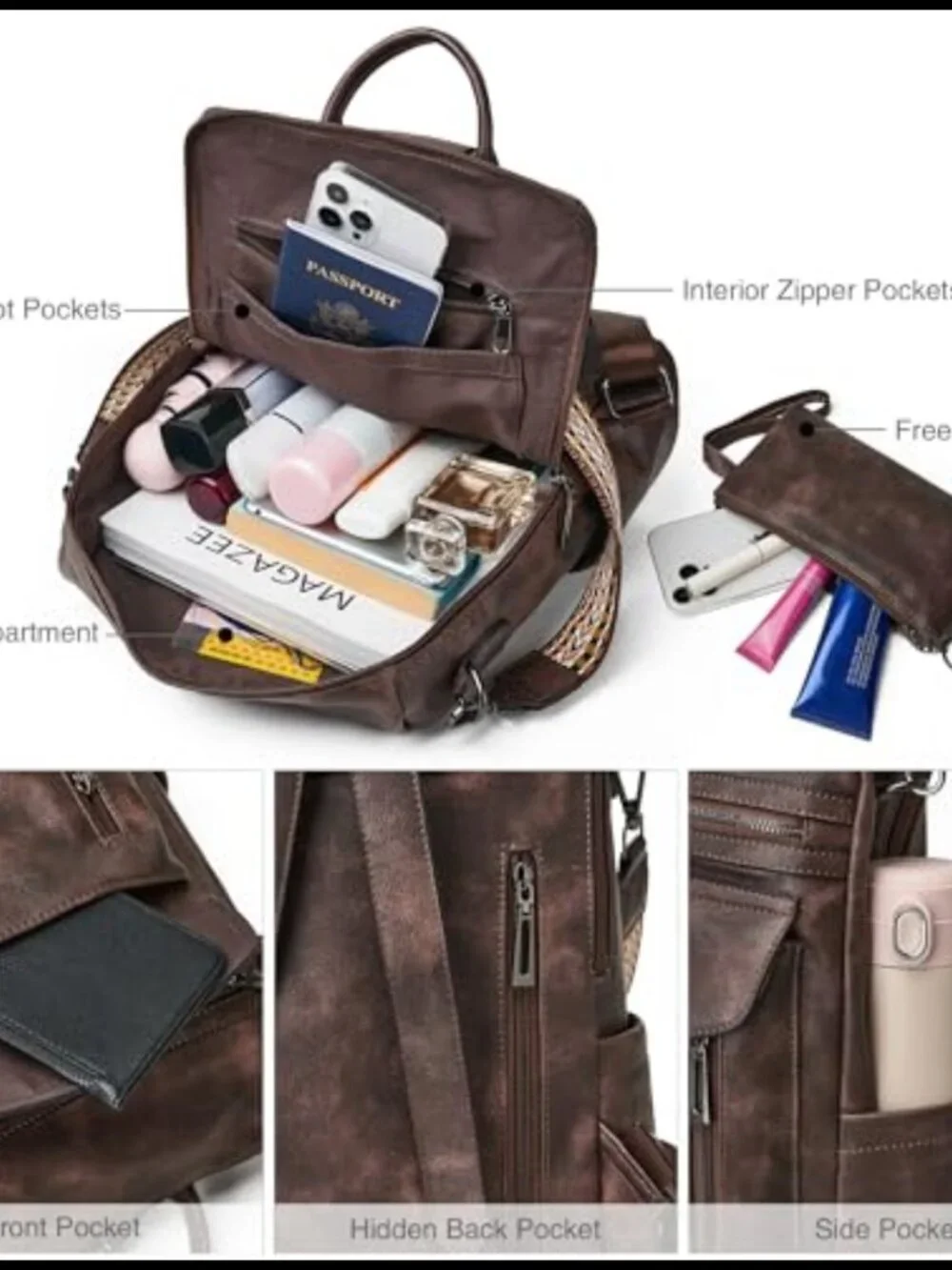Faux Leather Backpack Purse Convertible Shoulder Bag Wristlet